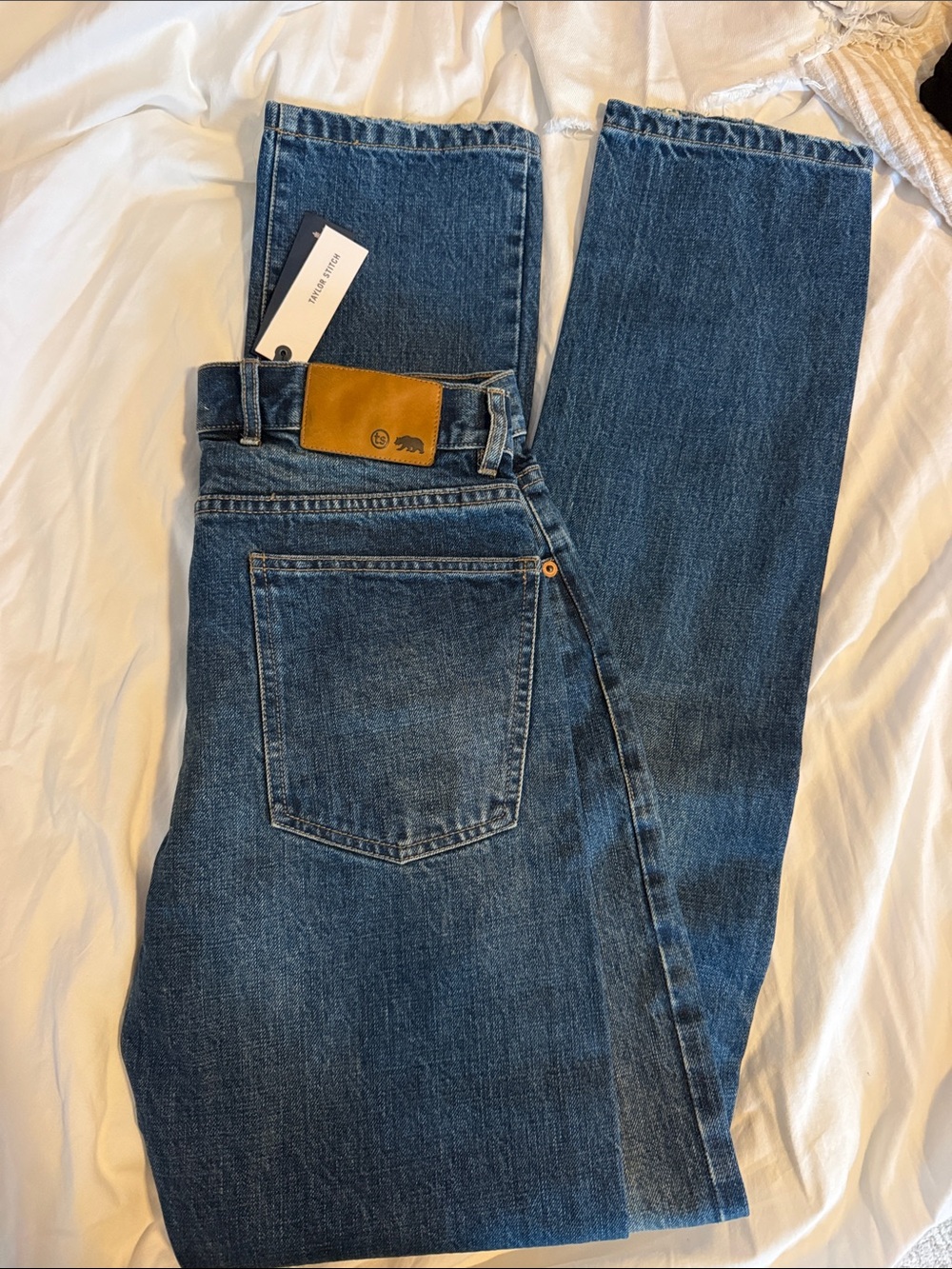 Taylor Stitch Indigo Straight-Leg Jeans with Tan Leather Patch